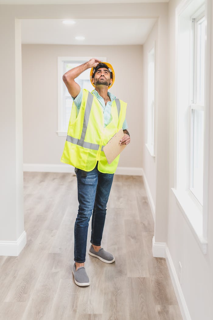 Construction inspector in a safety vest and hard hat examining an empty house interior.